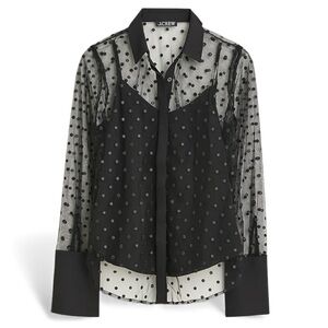 New J. Crew Sheer Swiss Dot Mesh Blouse Collared Cocktail Party Top Black 00